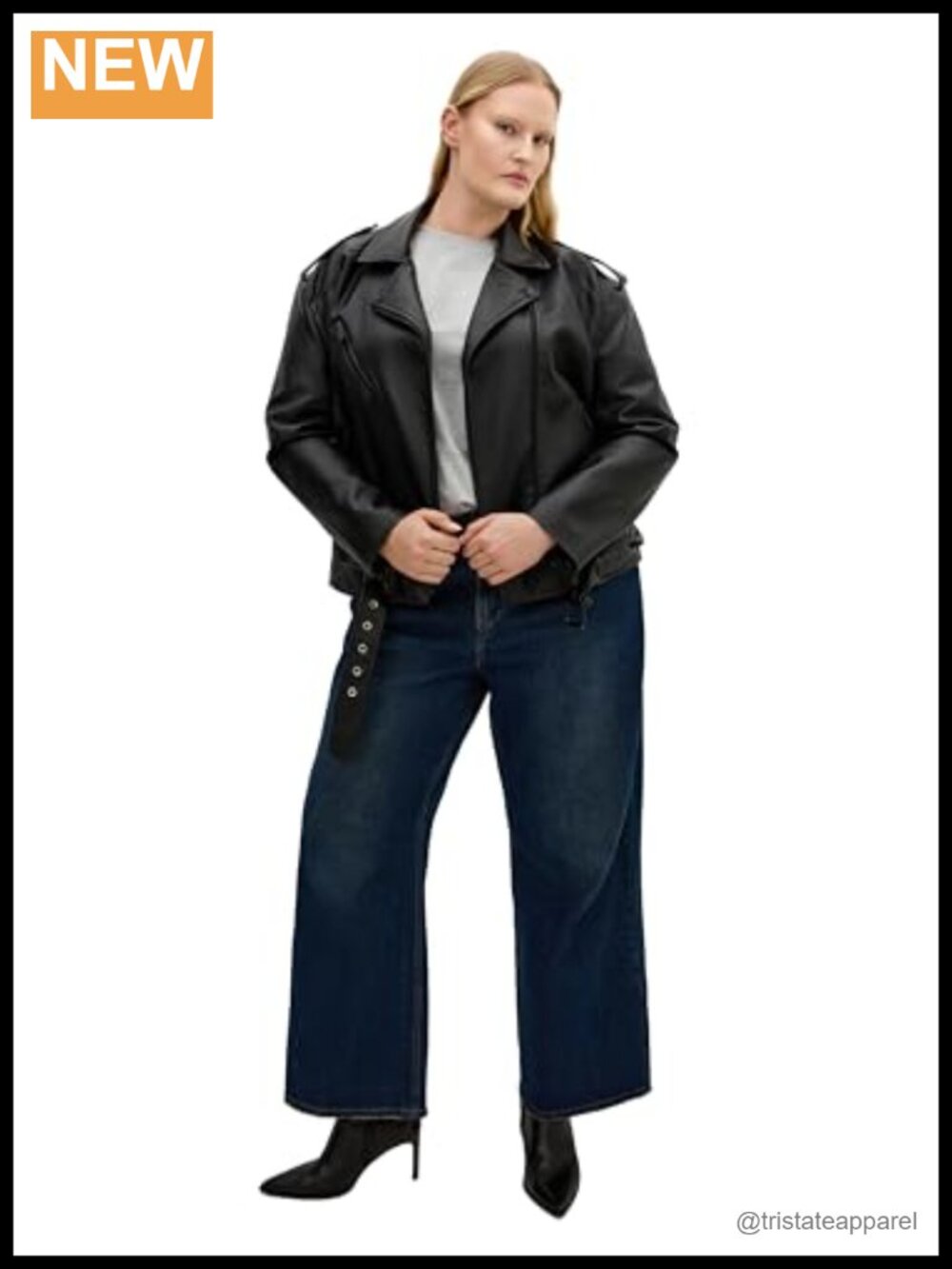 Plus Size Faux Leather Biker Jacket with Belt - City Chic
